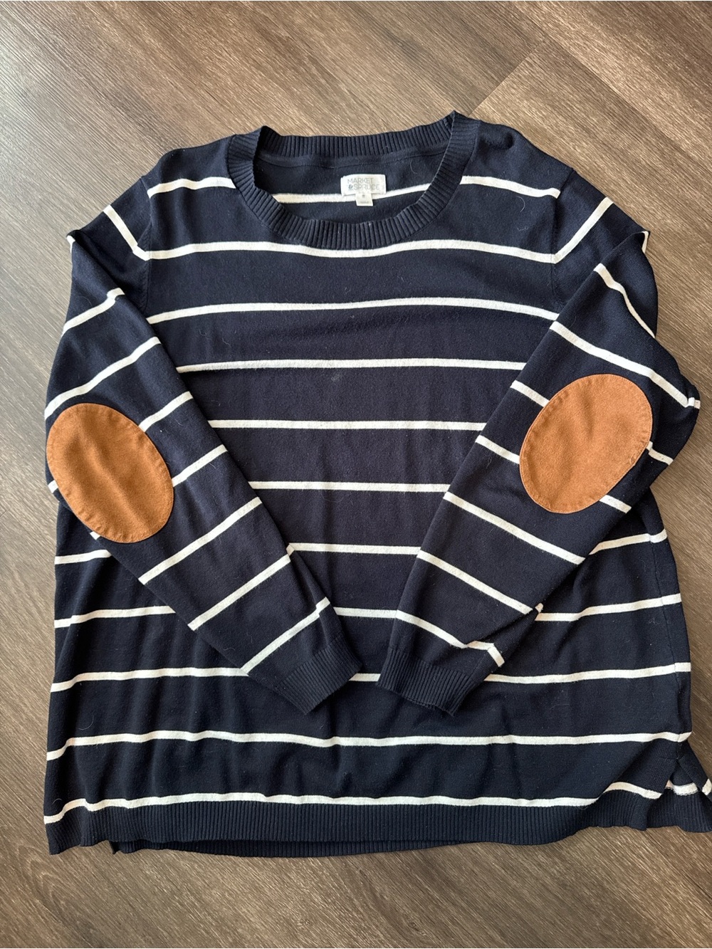 Market & Spruce Navy and White Striped Kids Sweater with Brown Elbow Patches